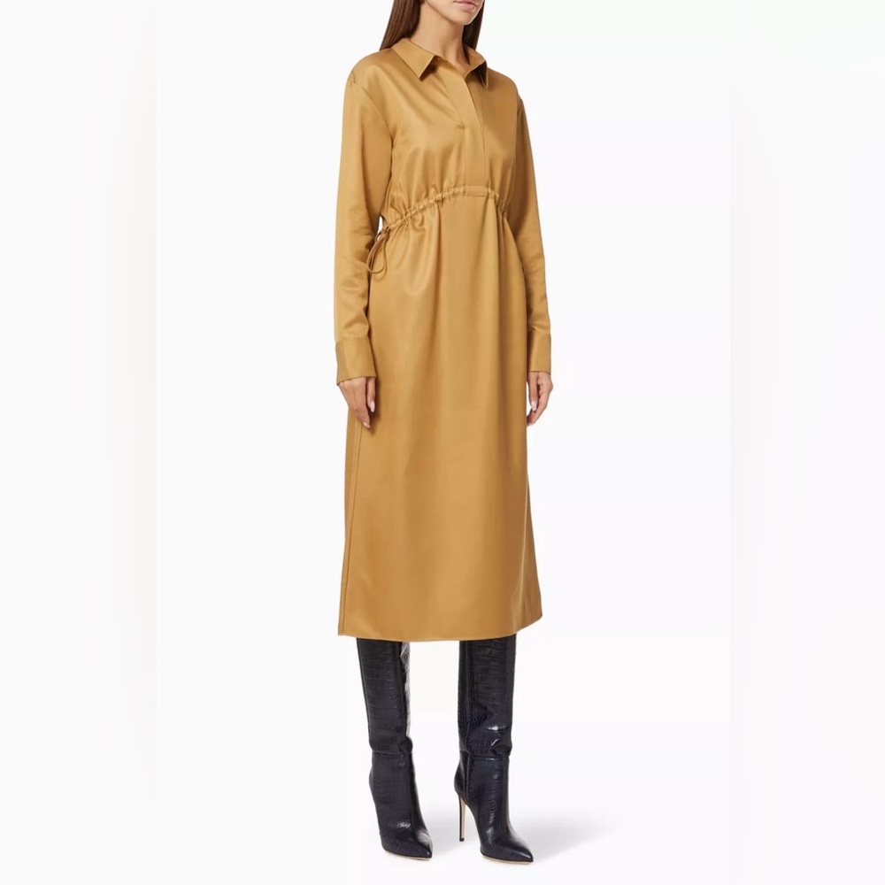 Theory Women’s Drawstring MIDI Shirt Dress in Camel Liquid Twill Size 2 NWT